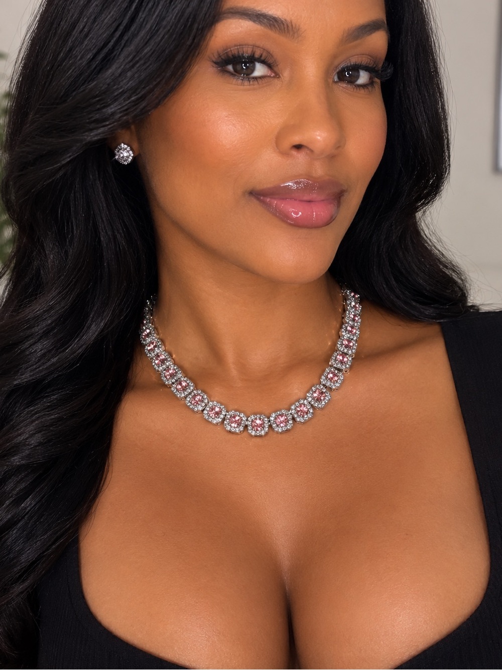 Pink Crystal Tennis Necklace with Silver Accents - Women's Jewelry
